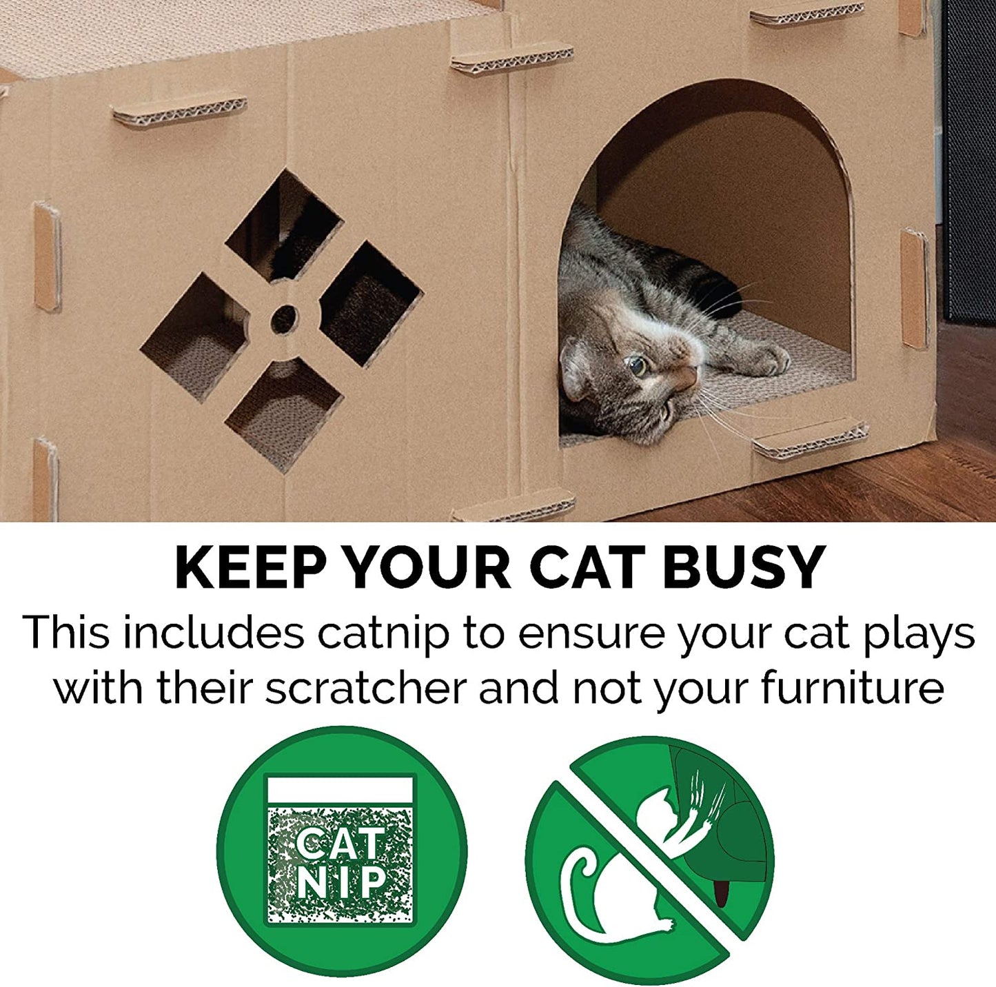 DIY Customizable 2-Story Cat Townhouse | Cardboard Scratcher House with Catnip & Toys