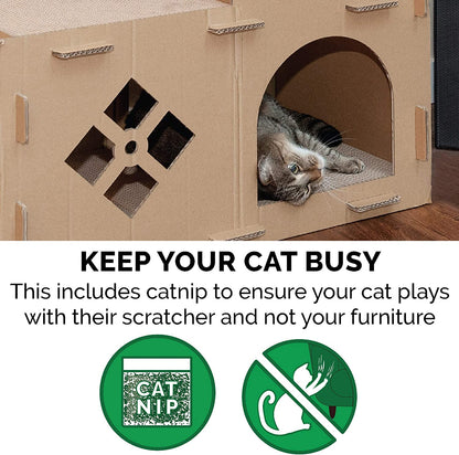 DIY Customizable 2-Story Cat Townhouse | Cardboard Scratcher House with Catnip & Toys