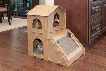 DIY Customizable 2-Story Cat Townhouse | Cardboard Scratcher House with Catnip & Toys