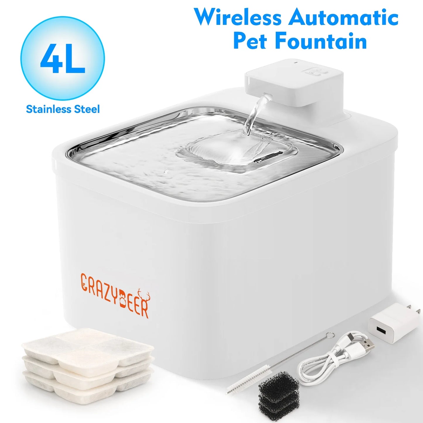 Cord-Free 4L Stainless Steel Cat Water Fountain | Battery Operated Wireless Dispenser (3600mAh)