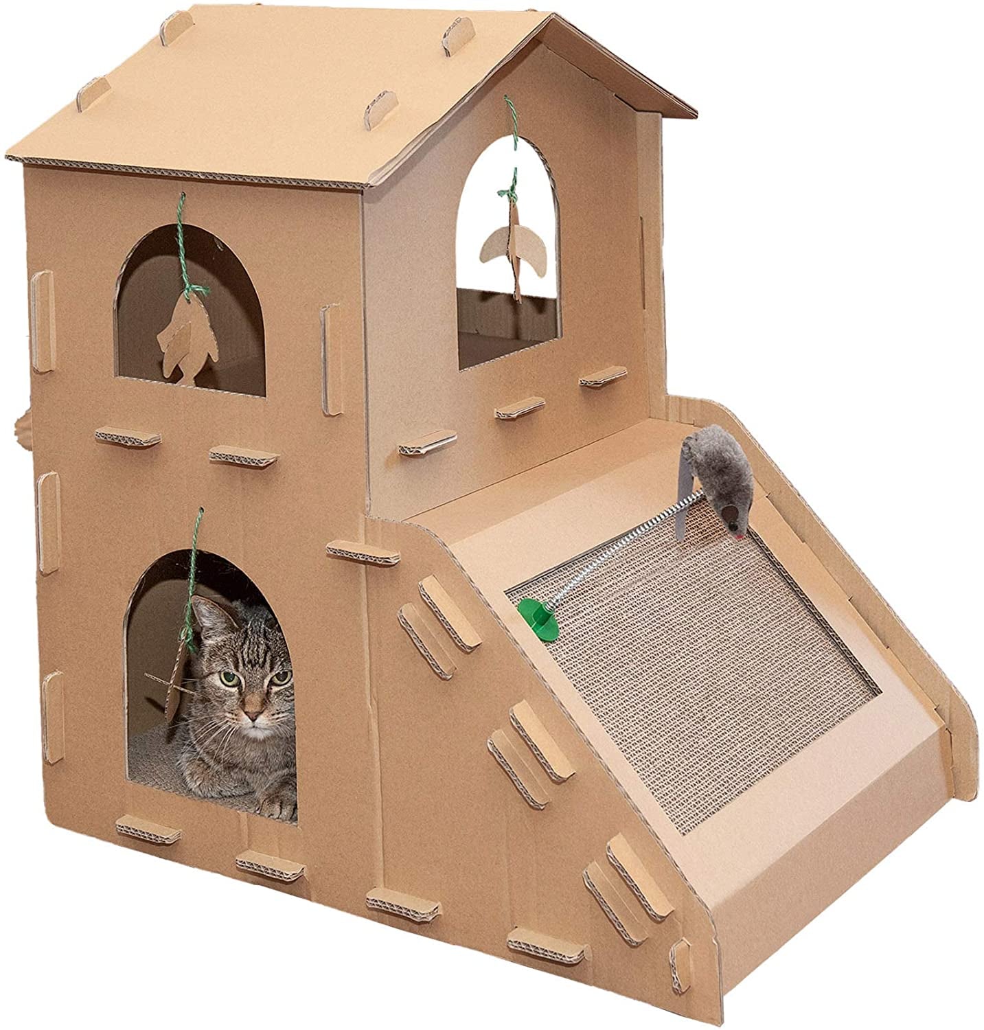 DIY Customizable 2-Story Cat Townhouse | Cardboard Scratcher House with Catnip & Toys