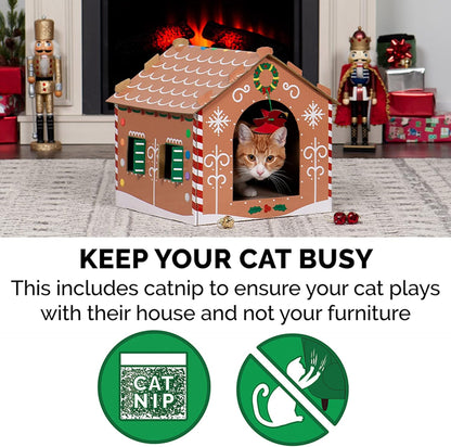 Christmas Gingerbread Cat House | Cardboard Scratcher Hideout with Catnip & Hanging Toys (Holiday Gift)