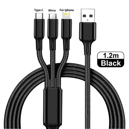 3-in-1 Fast Charging Cable | Multi USB Charger for iPhone/Android/Type-C | 3A Nylon Braided Cord