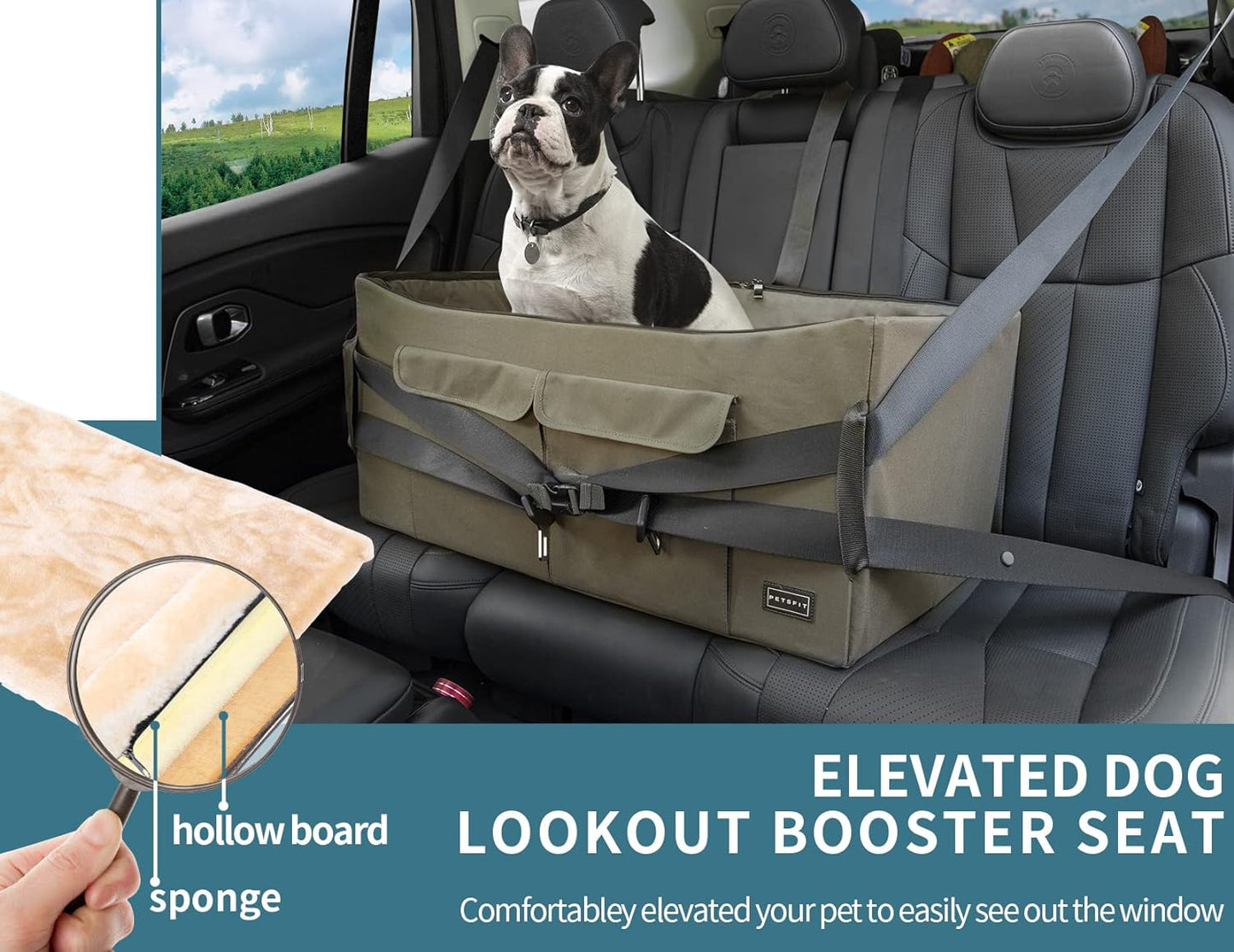 Large Dog Car Booster Seat for 2 Dogs | Elevated Safety Travel Bed with Summer/Winter Mat (Up to 55lbs)