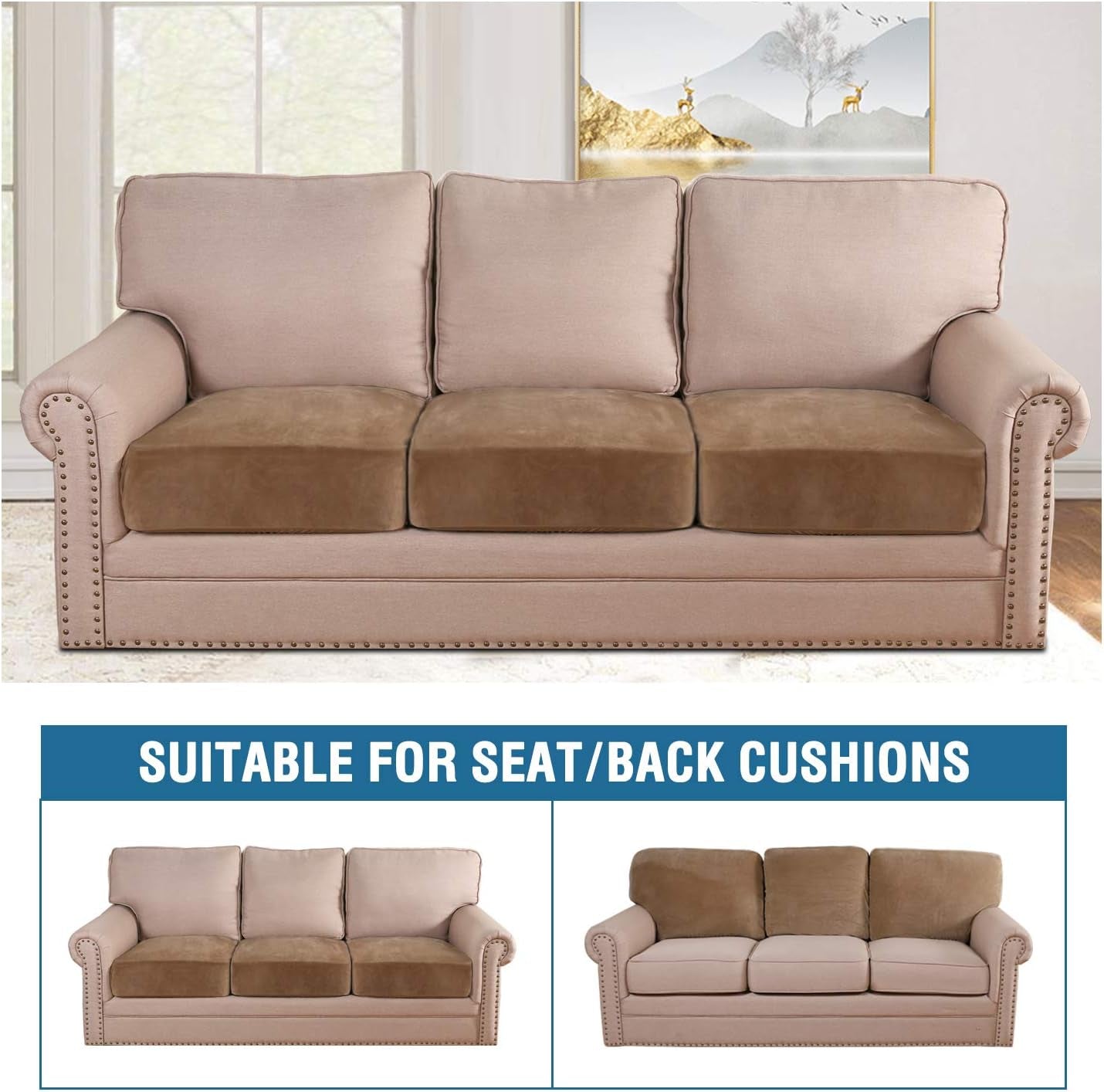 Luxury Velvet Stretch Couch Cushion Cover (3pc) | Anti-Slip Furniture Protector for Pets & Stains