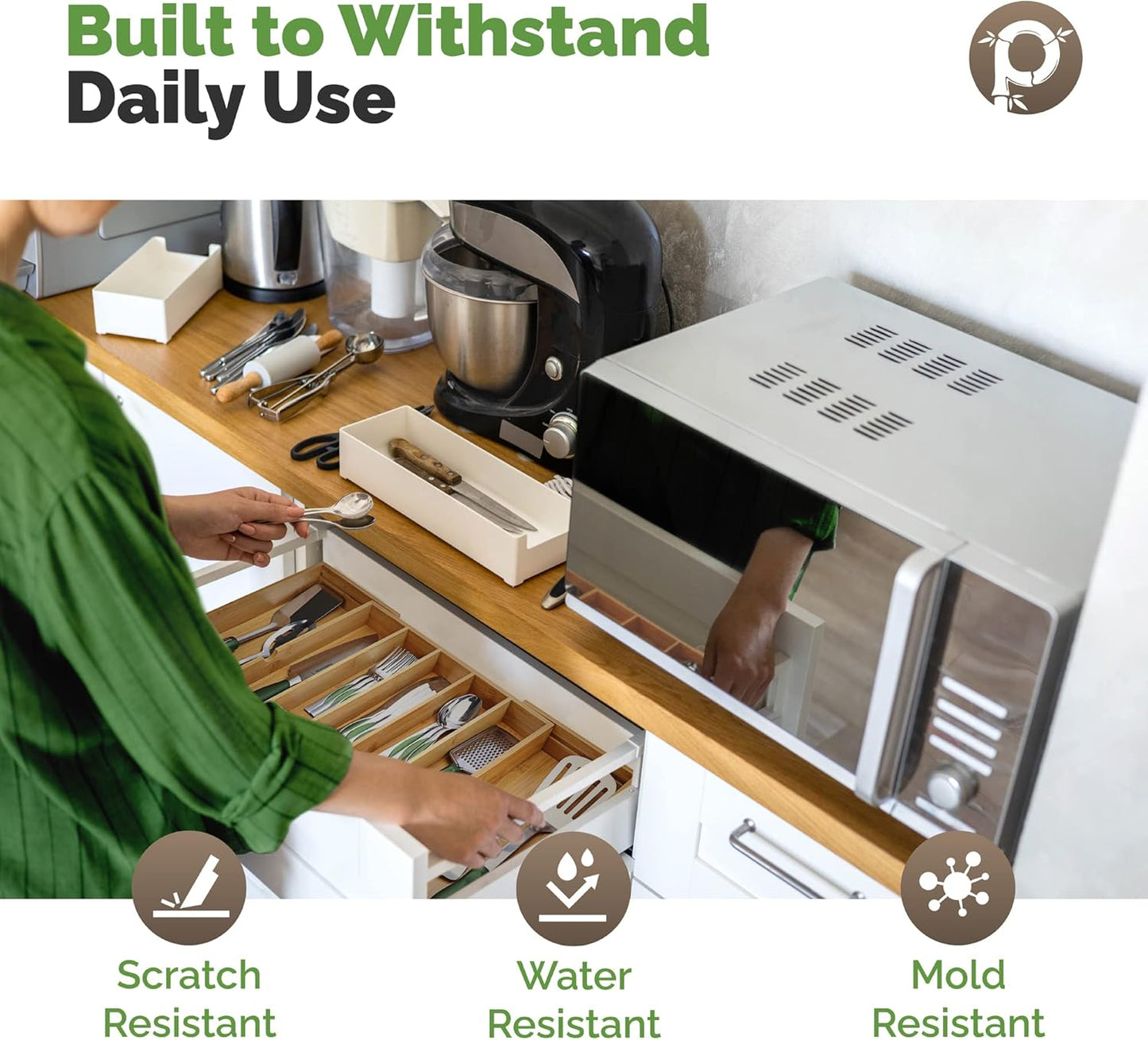 Expandable Bamboo Silverware Organizer (10 Slots) | Adjustable Drawer Divider for Kitchen & Utensils