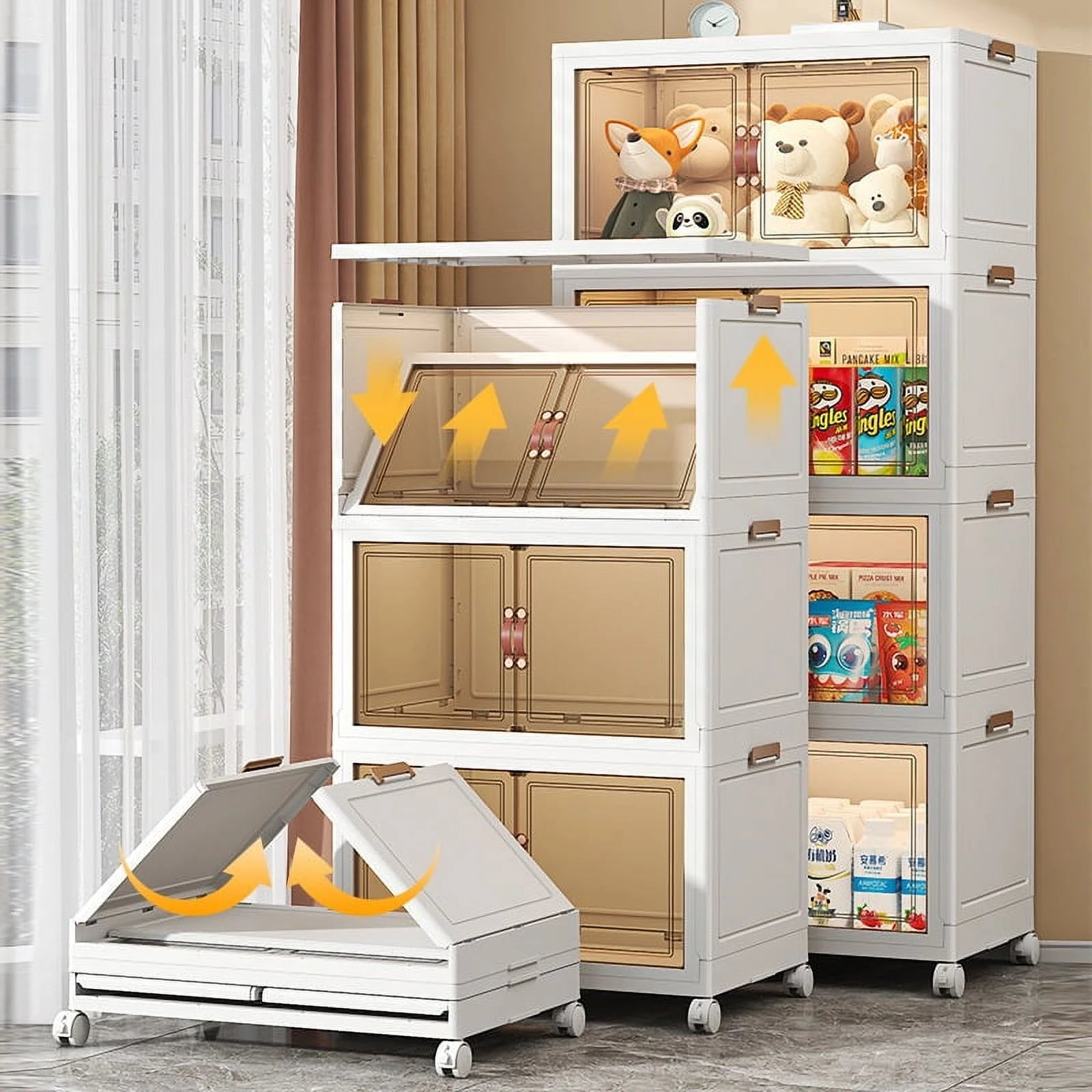 60QT Collapsible Storage Bins (3 Pack) | Stackable, Foldable Box with Front Doors & Wheels