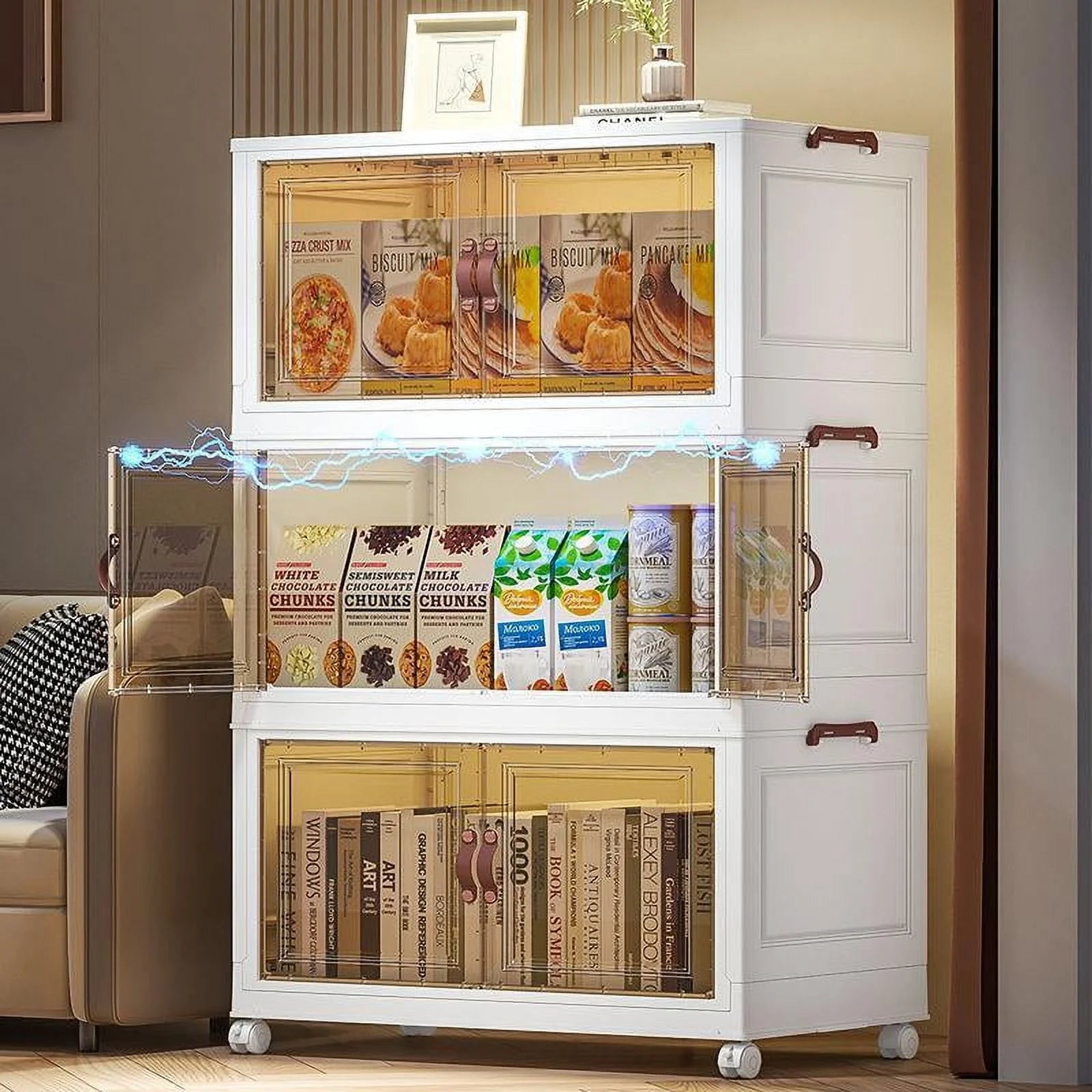 60QT Collapsible Storage Bins (3 Pack) | Stackable, Foldable Box with Front Doors & Wheels