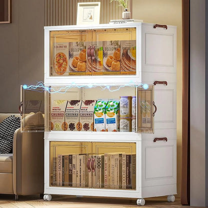 60QT Collapsible Storage Bins (3 Pack) | Stackable, Foldable Box with Front Doors & Wheels