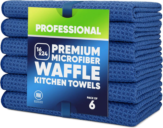 6 Pack Microfiber Waffle Weave Kitchen Towels | Streak-Free, Quick-Dry & Ultra-Absorbent Cloths
