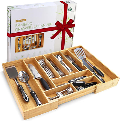 Expandable Bamboo Silverware Organizer (10 Slots) | Adjustable Drawer Divider for Kitchen & Utensils