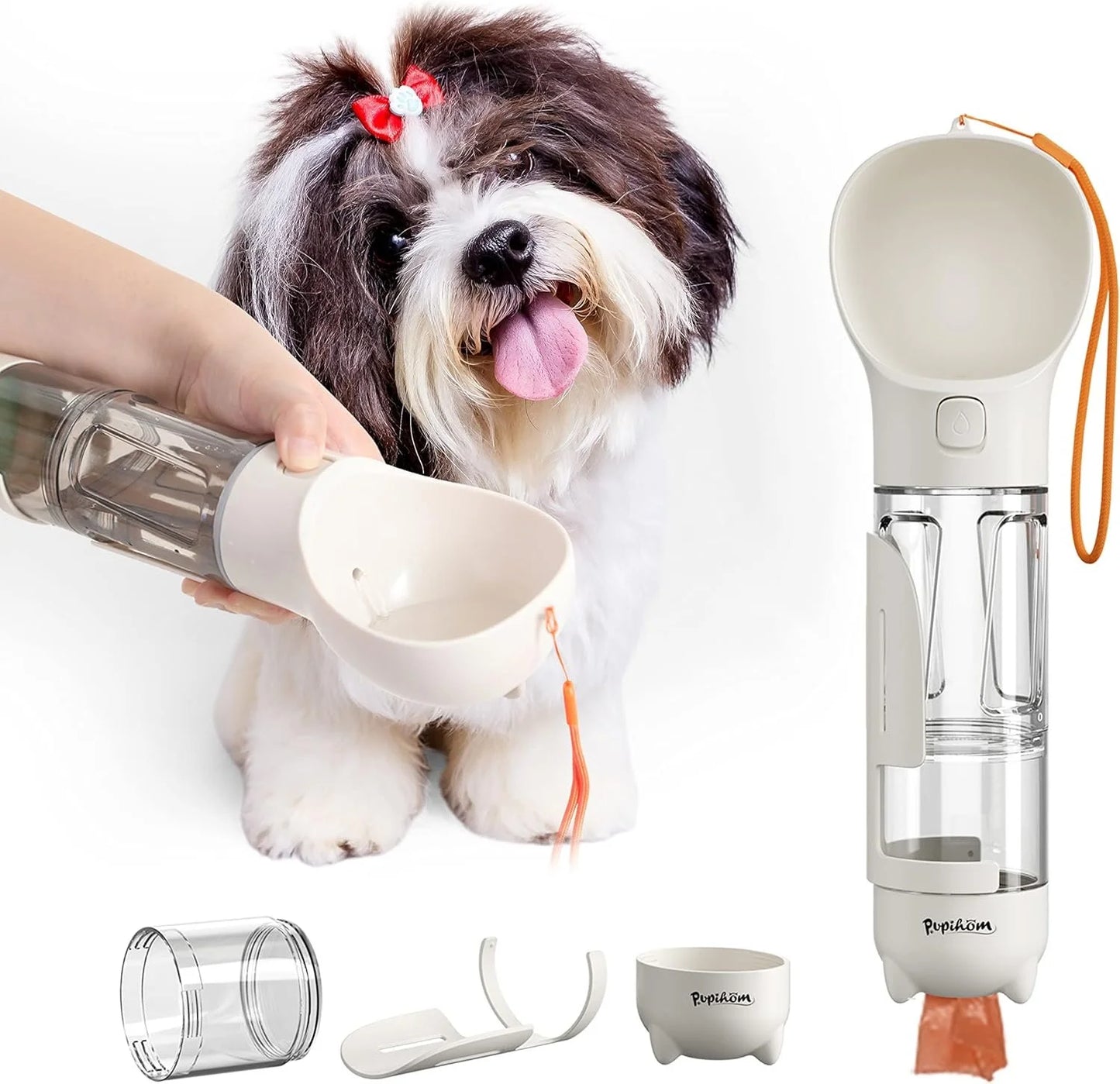 3-in-1 Dog Travel Water Bottle & Food Dispenser | Leak-Proof Portable Feeder with Poop Bag Holder