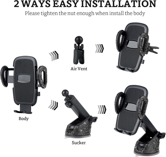 Bling Crystal Car Phone Mount (3-in-1) | One-Touch Dashboard & Vent Holder | Universal 360° Rotation