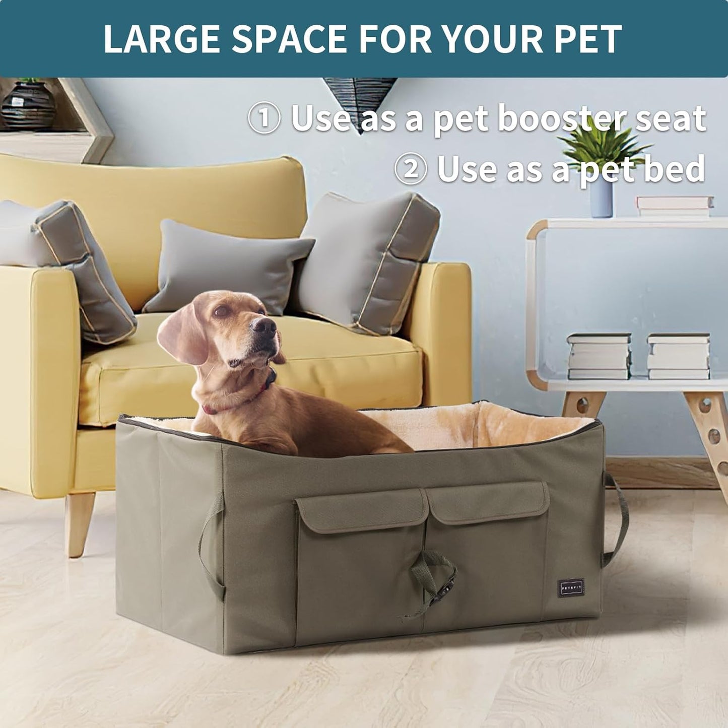 Large Dog Car Booster Seat for 2 Dogs | Elevated Safety Travel Bed with Summer/Winter Mat (Up to 55lbs)