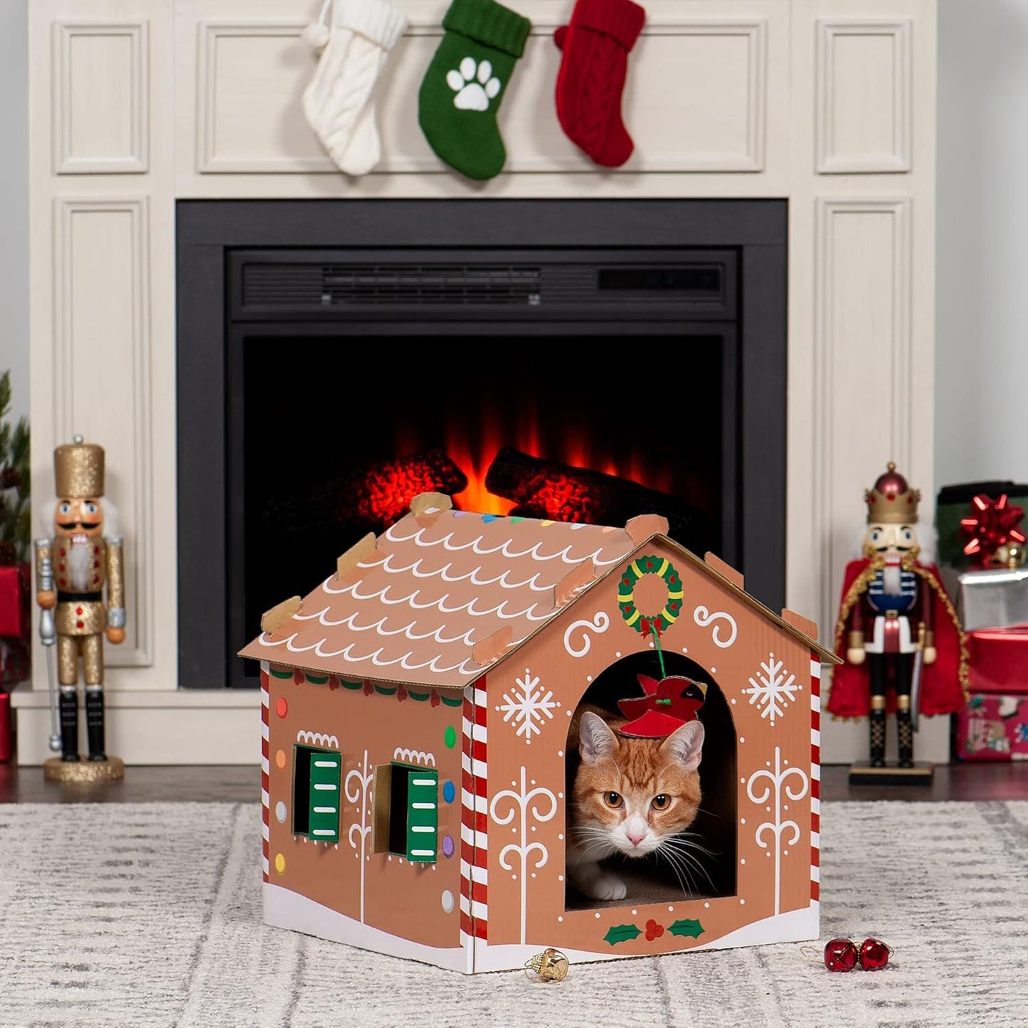 Christmas Gingerbread Cat House | Cardboard Scratcher Hideout with Catnip & Hanging Toys (Holiday Gift)