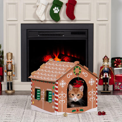 Christmas Gingerbread Cat House | Cardboard Scratcher Hideout with Catnip & Hanging Toys (Holiday Gift)