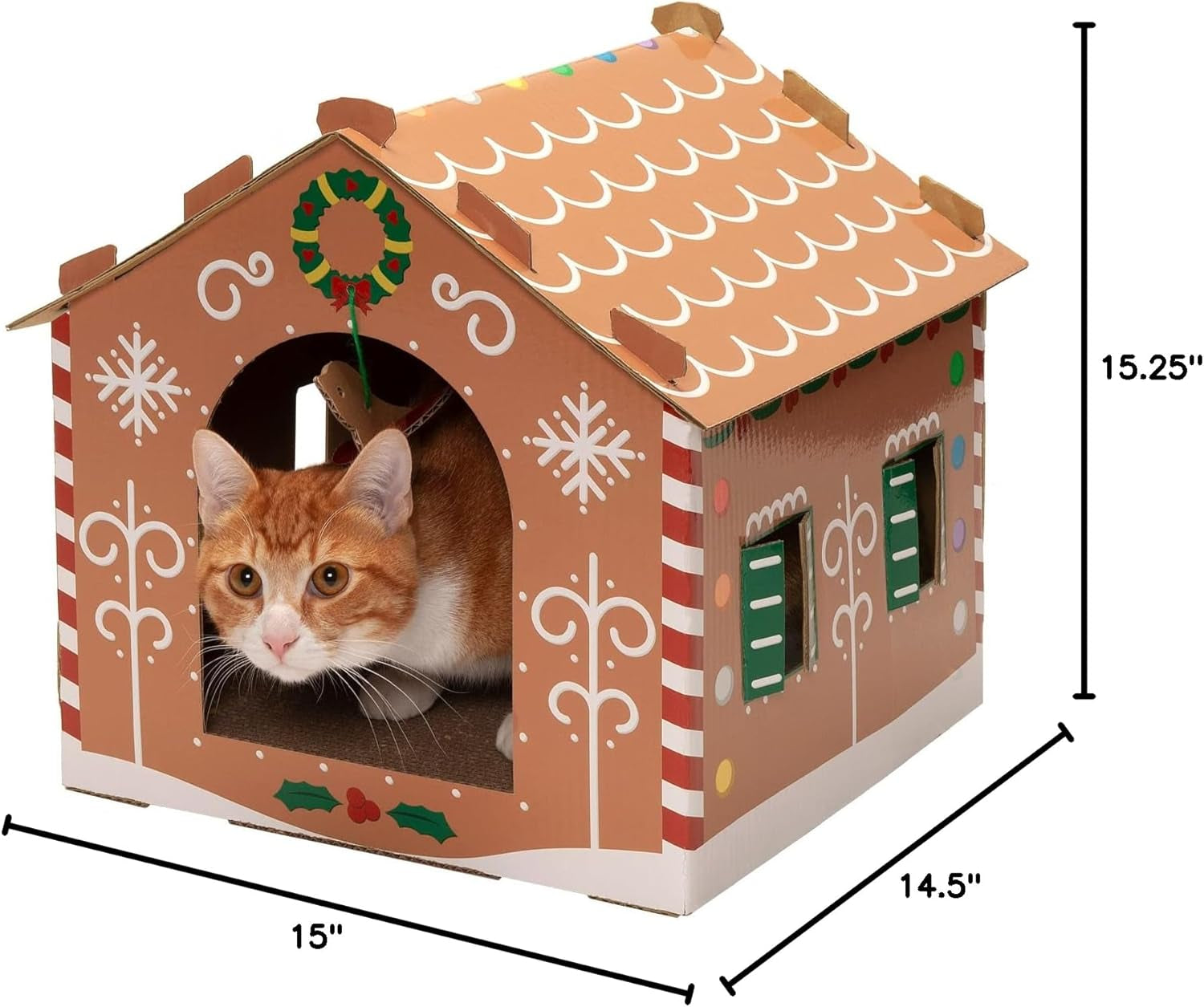 Christmas Gingerbread Cat House | Cardboard Scratcher Hideout with Catnip & Hanging Toys (Holiday Gift)