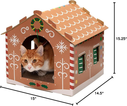 Christmas Gingerbread Cat House | Cardboard Scratcher Hideout with Catnip & Hanging Toys (Holiday Gift)