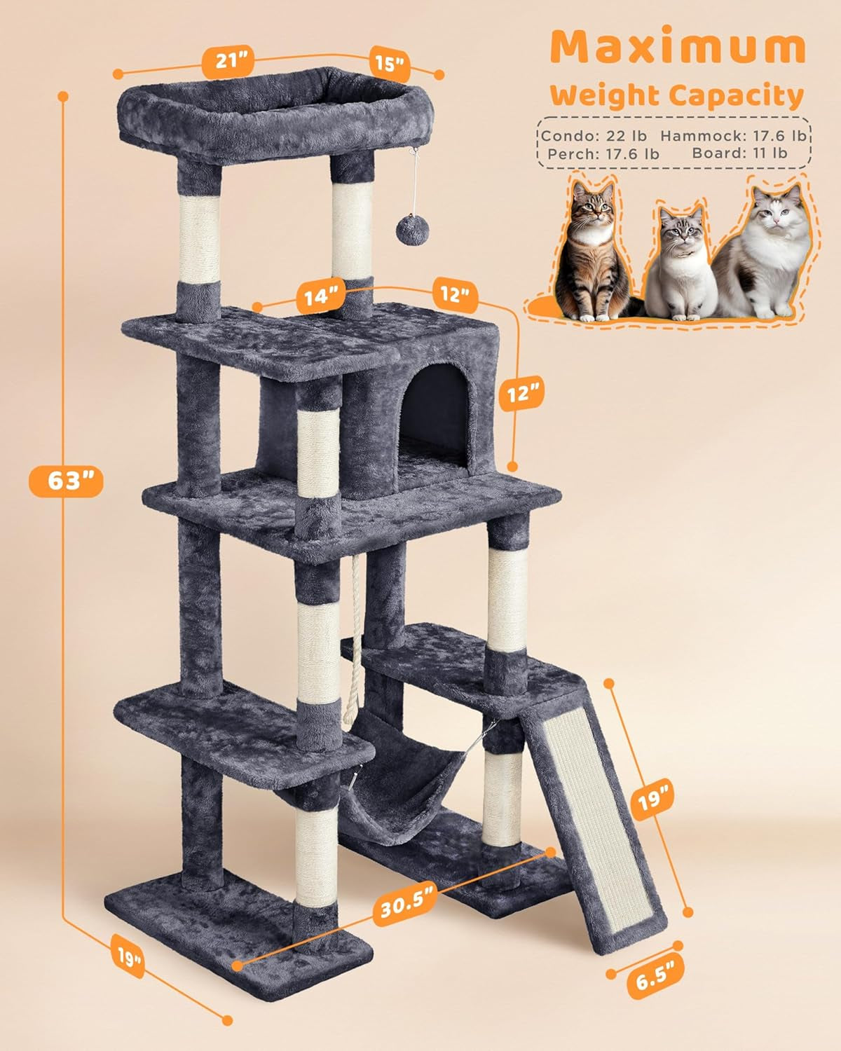 The "Cat Penthouse" 63" Tower | Ultimate 5-Tier Mansion