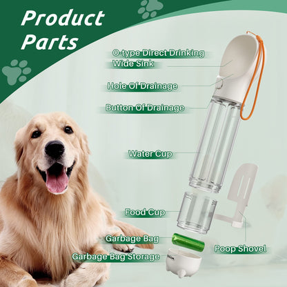 3-in-1 Dog Travel Water Bottle & Food Dispenser | Leak-Proof Portable Feeder with Poop Bag Holder