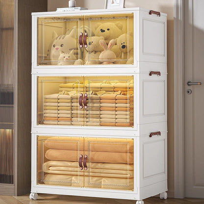 60QT Collapsible Storage Bins (3 Pack) | Stackable, Foldable Box with Front Doors & Wheels