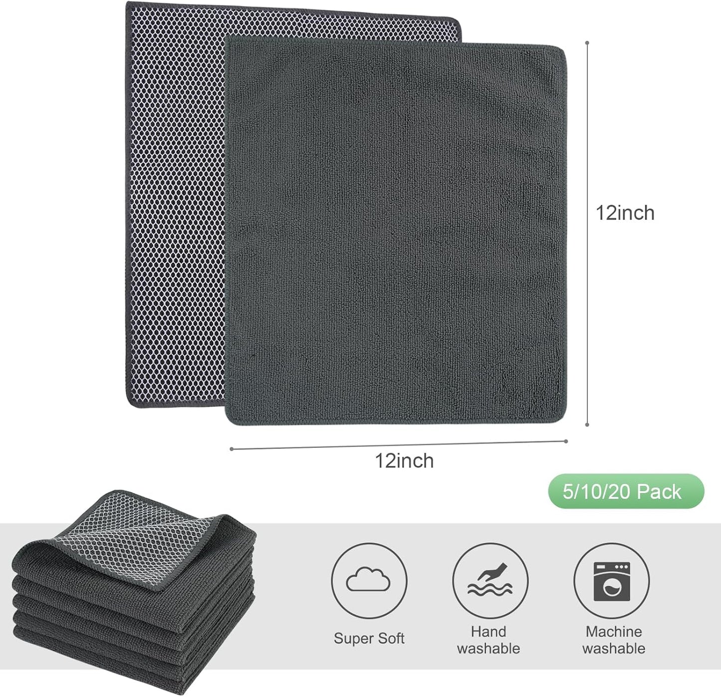 10 Pack Microfiber Dish Cloths (12"x12") | Dual-Sided, No Streak, Highly Absorbent Kitchen Cleaning