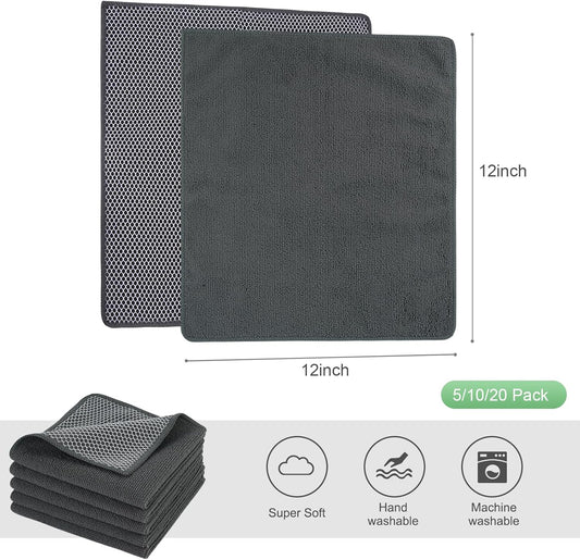10 Pack Microfiber Dish Cloths (12"x12") | Dual-Sided, No Streak, Highly Absorbent Kitchen Cleaning