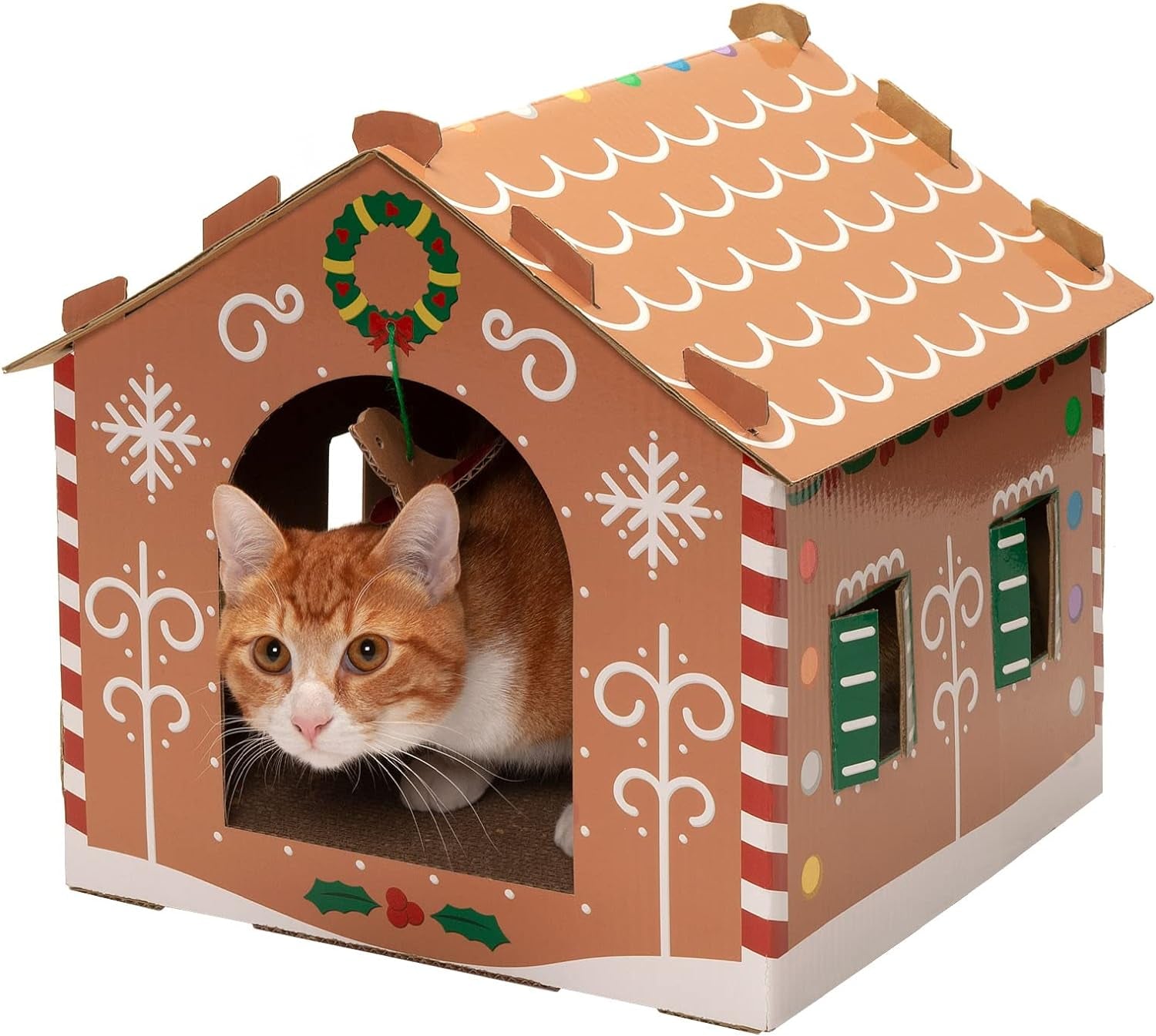 Christmas Gingerbread Cat House | Cardboard Scratcher Hideout with Catnip & Hanging Toys (Holiday Gift)