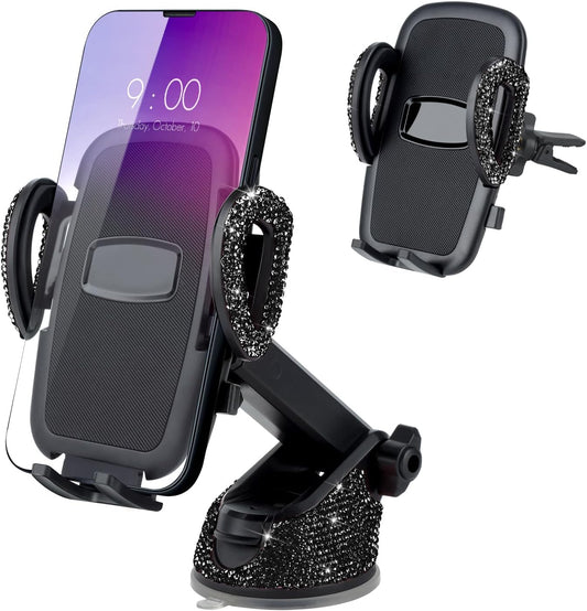 Bling Crystal Car Phone Mount (3-in-1) | One-Touch Dashboard & Vent Holder | Universal 360° Rotation