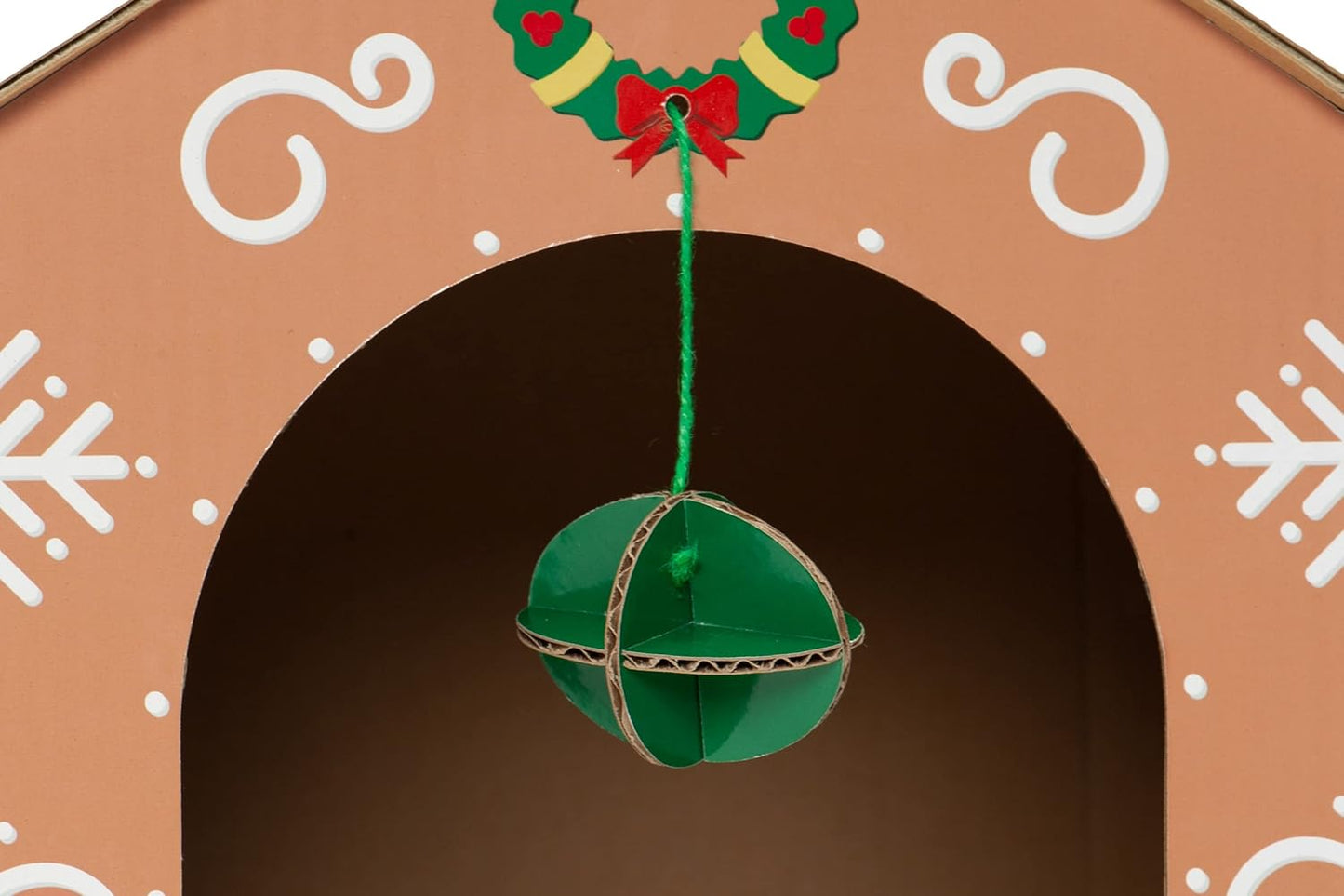 Christmas Gingerbread Cat House | Cardboard Scratcher Hideout with Catnip & Hanging Toys (Holiday Gift)