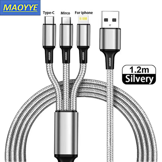 3-in-1 Fast Charging Cable | Multi USB Charger for iPhone/Android/Type-C | 3A Nylon Braided Cord