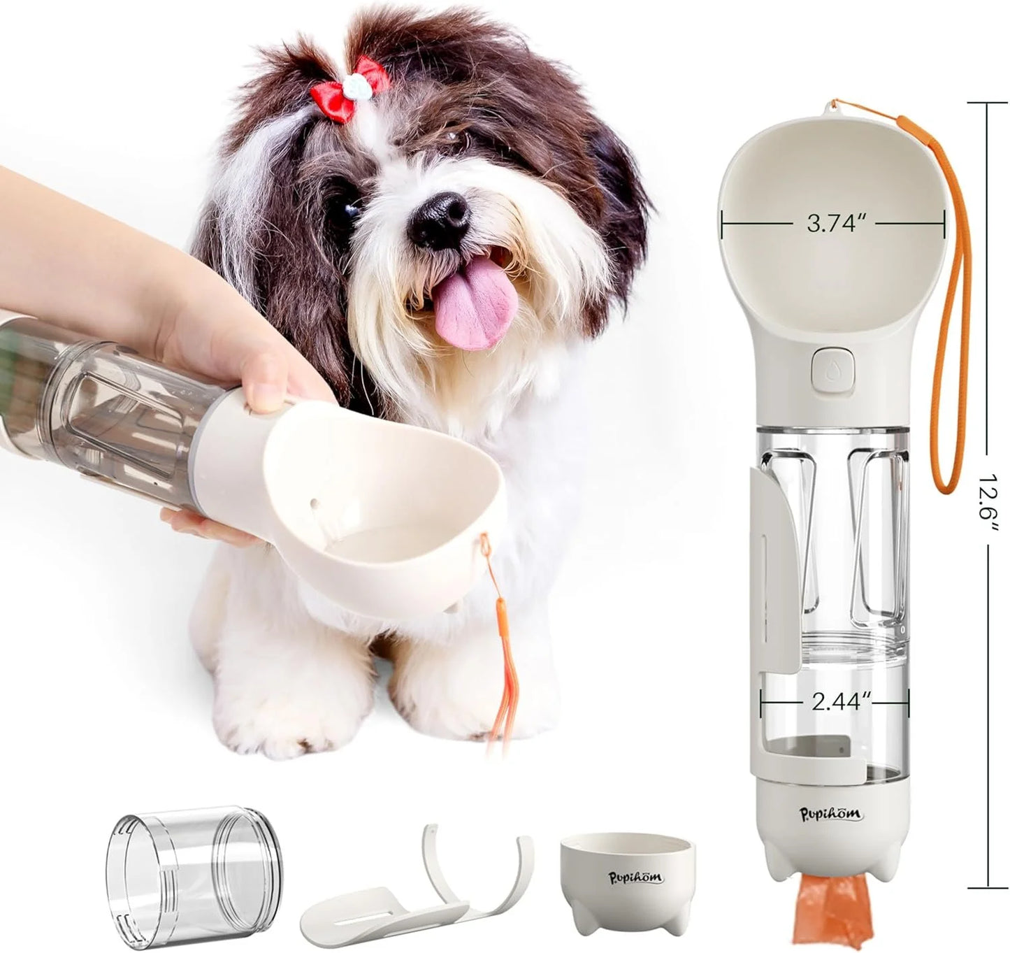 3-in-1 Dog Travel Water Bottle & Food Dispenser | Leak-Proof Portable Feeder with Poop Bag Holder